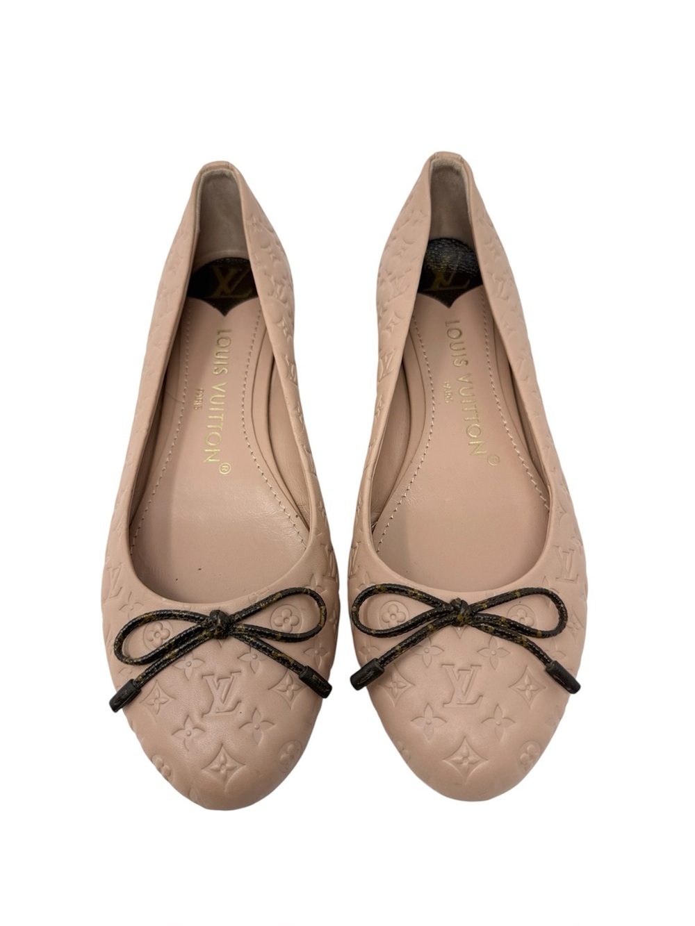 Louis Vuitton Embossed Monogram Leather Ballet Flats Bow Nude Beige Size 37